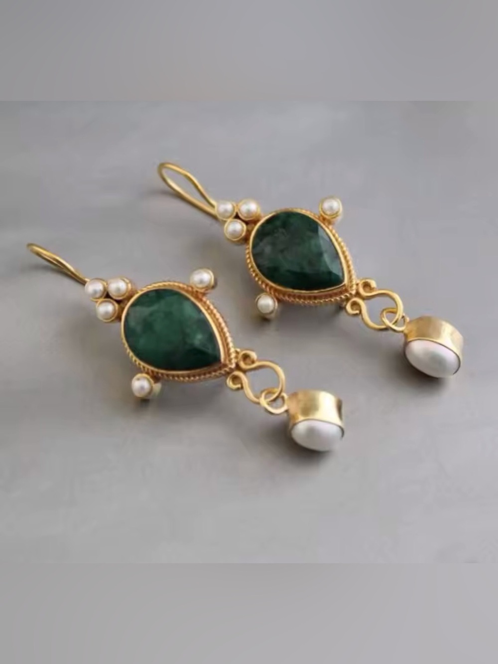 Gold Green Gem Faux Pearl Earrings - Picture 9 of 9